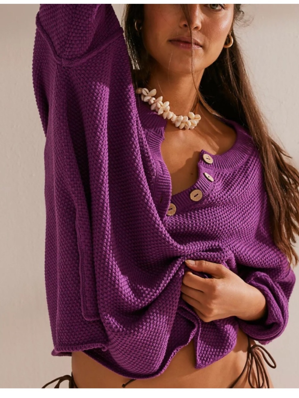 Free People Beach Hailee Sweater Henley style Sz Medium in Phlox (Purple)